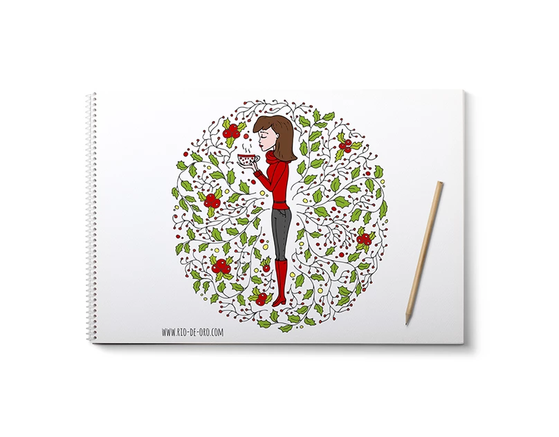 Hand drawn illustration with girl drinking cup of tea