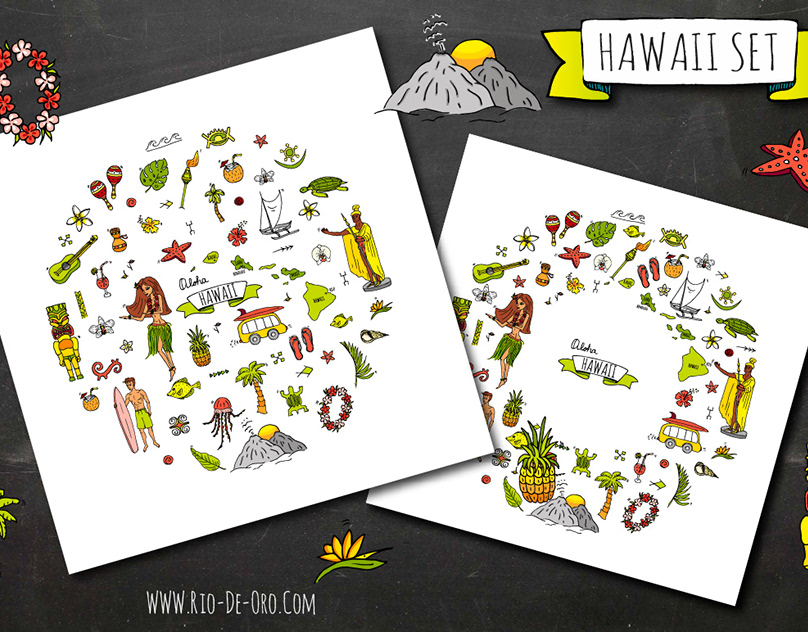 Hawaii collection of cute cartoon traveling symbols